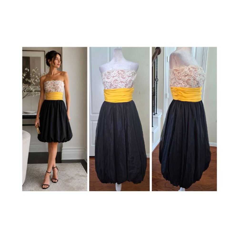 Vintage 80s Lillie Rubin Cocktail Dress Strapless Colorblock Women XS Bubble Hem